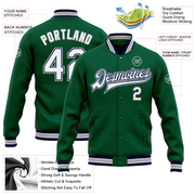 Custom Kelly Green White Navy-Gray Bomber Full-Snap Varsity Letterman Jacket