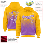 Custom Gold Medium Purple-White Gradient Square Shape 3D Pattern Design Bomber Full-Snap Varsity Letterman Hoodie Jacket