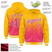 Custom Gold Neon Pink-White Gradient Square Shape 3D Pattern Design Bomber Full-Snap Varsity Letterman Hoodie Jacket