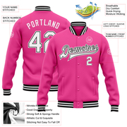 Custom Pink White-Black Bomber Full-Snap Varsity Letterman Jacket