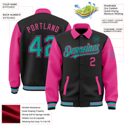 Custom Black Aqua-Pink Bomber Full-Snap Varsity Letterman Two Tone Lapel Collar Byron Jacket