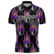 Custom Black White-Purple 3D Pattern Design Flame Billiards 8 Ball Performance Polo Shirt