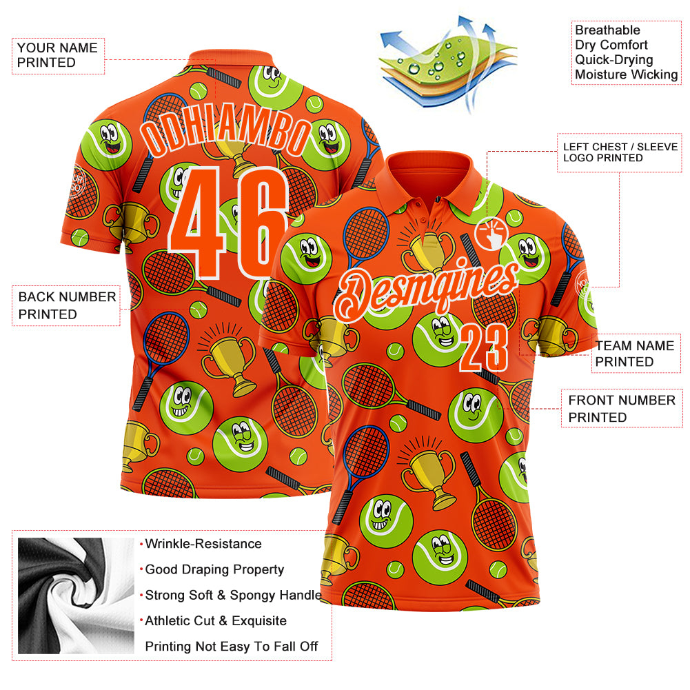 Custom Orange White 3D Tennis Performance Polo Shirt