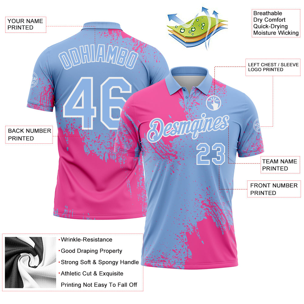 Custom Pink Light Blue-White 3D Pattern Design Abstract Brush Stroke Performance Polo Shirt