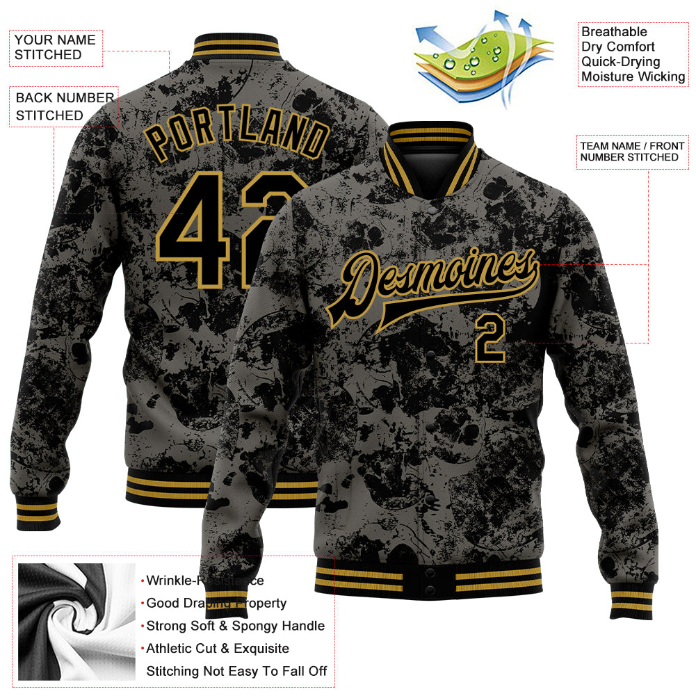 Custom Black Old Gold Skull Fashion 3D Bomber Full-Snap Varsity Letterman Jacket
