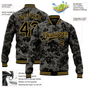 Custom Black Old Gold Skull Fashion 3D Bomber Full-Snap Varsity Letterman Jacket