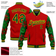 Custom Red Green-Gold Christmas 3D Bomber Full-Snap Varsity Letterman Jacket