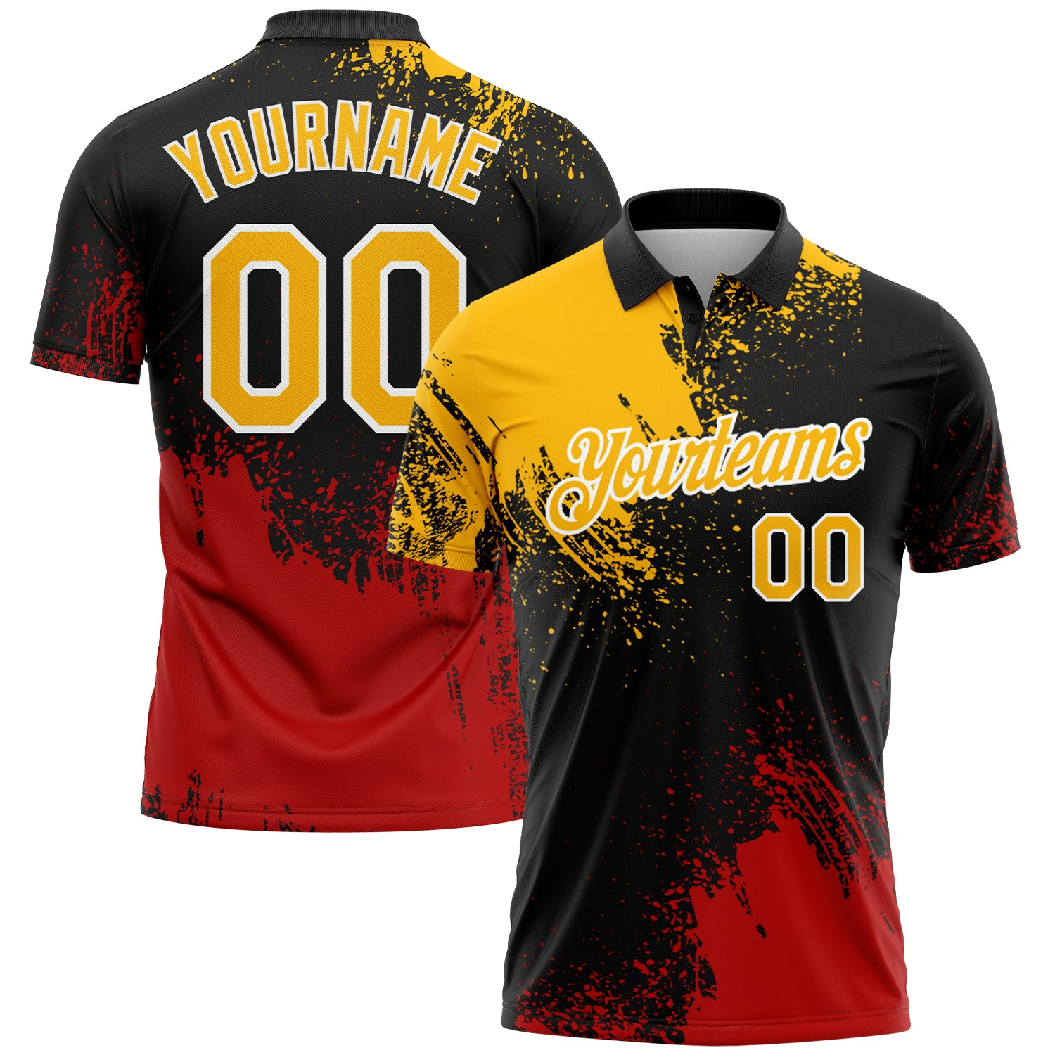 Custom Gold Black-Red 3D Pattern Design Abstract Brush Stroke Performance Polo Shirt