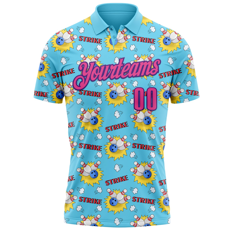 Custom Sky Blue Pink-Purple 3D Bowling Performance Polo Shirt
