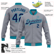 Custom Gray Navy-Teal Bomber Full-Snap Varsity Letterman Jacket