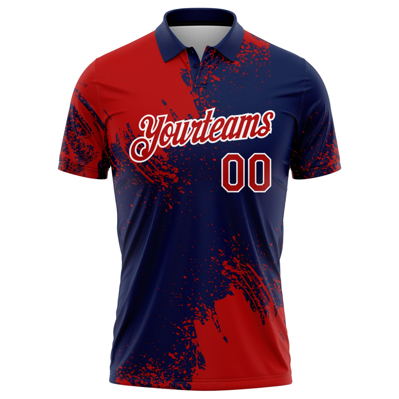 Custom Red Navy-White 3D Pattern Design Abstract Brush Stroke Performance Polo Shirt