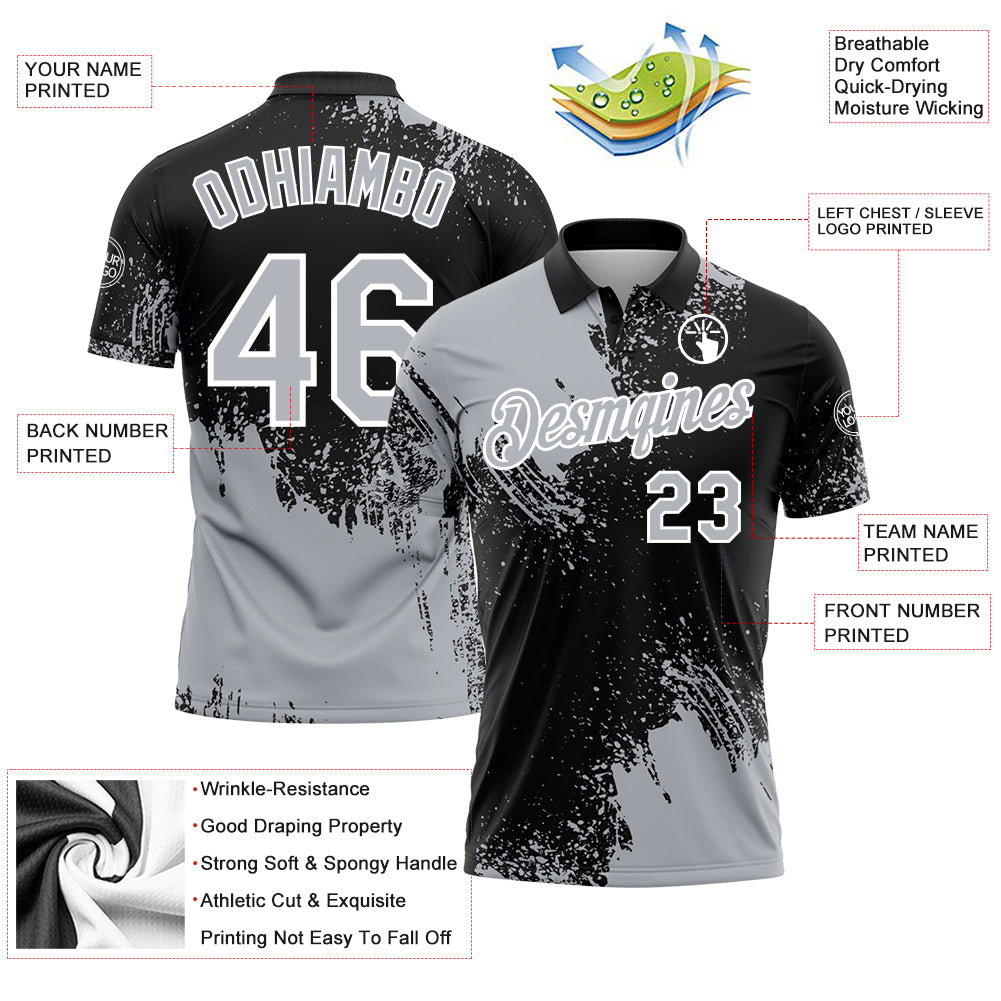 Custom Gray Black-White 3D Pattern Design Abstract Brush Stroke Performance Polo Shirt