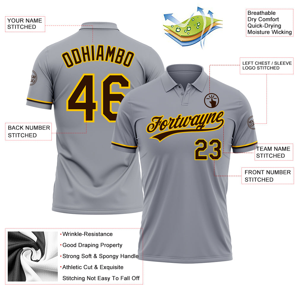 Custom Gray Brown-Yellow Performance Vapor Golf Polo Shirt