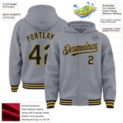 Custom Gray Black-Old Gold Bomber Full-Snap Varsity Letterman Hoodie Jacket