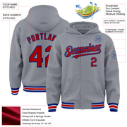 Custom Gray Red-Royal Bomber Full-Snap Varsity Letterman Hoodie Jacket