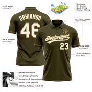 Custom Olive White-Old Gold Performance Vapor Salute To Service Golf Polo Shirt
