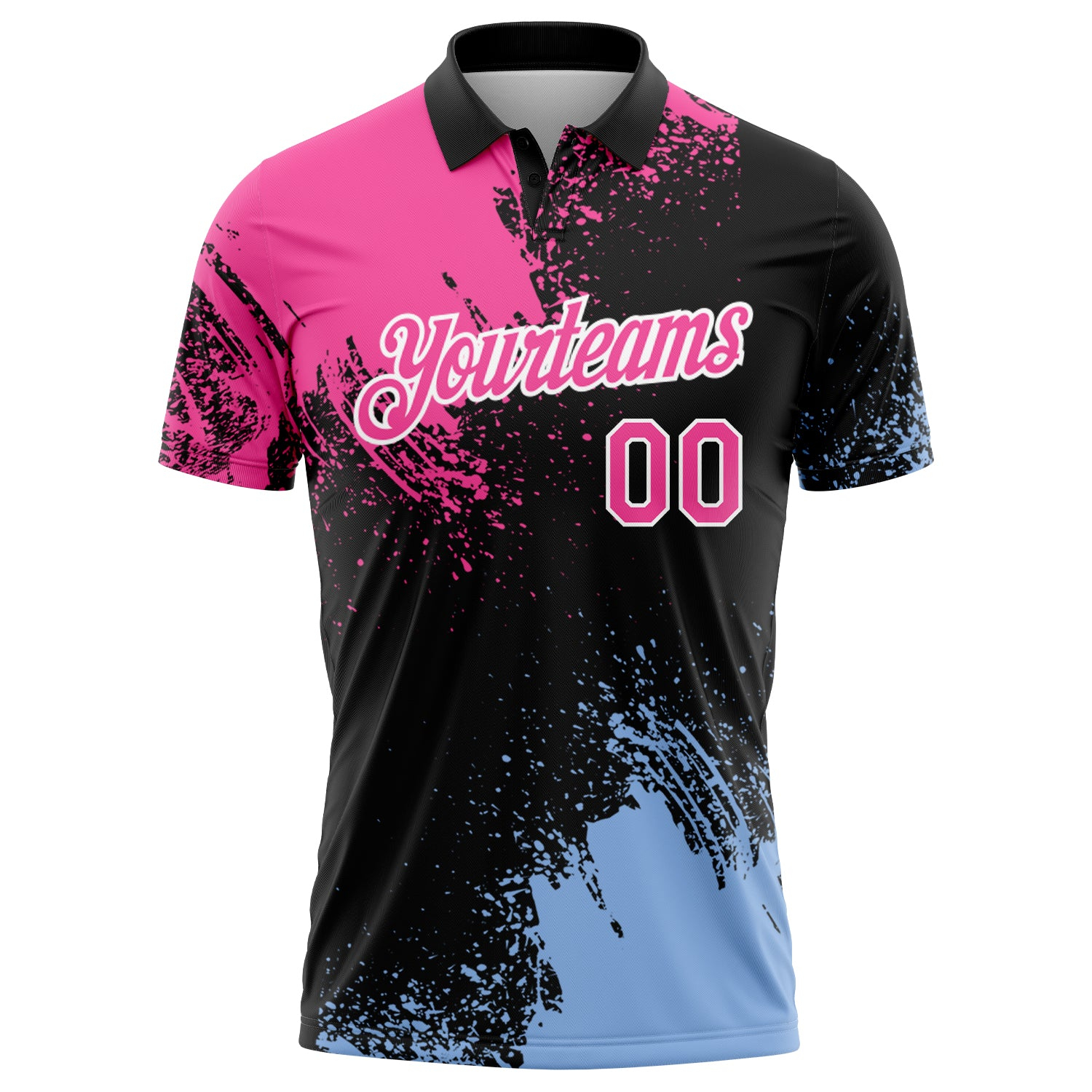 Custom Pink Black-Light Blue 3D Pattern Design Abstract Brush Stroke Performance Polo Shirt
