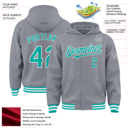 Custom Gray Aqua-White Bomber Full-Snap Varsity Letterman Hoodie Jacket
