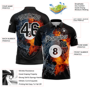 Custom Black White 3D Pattern Design Flame Billiards 8 Ball Performance Polo Shirt