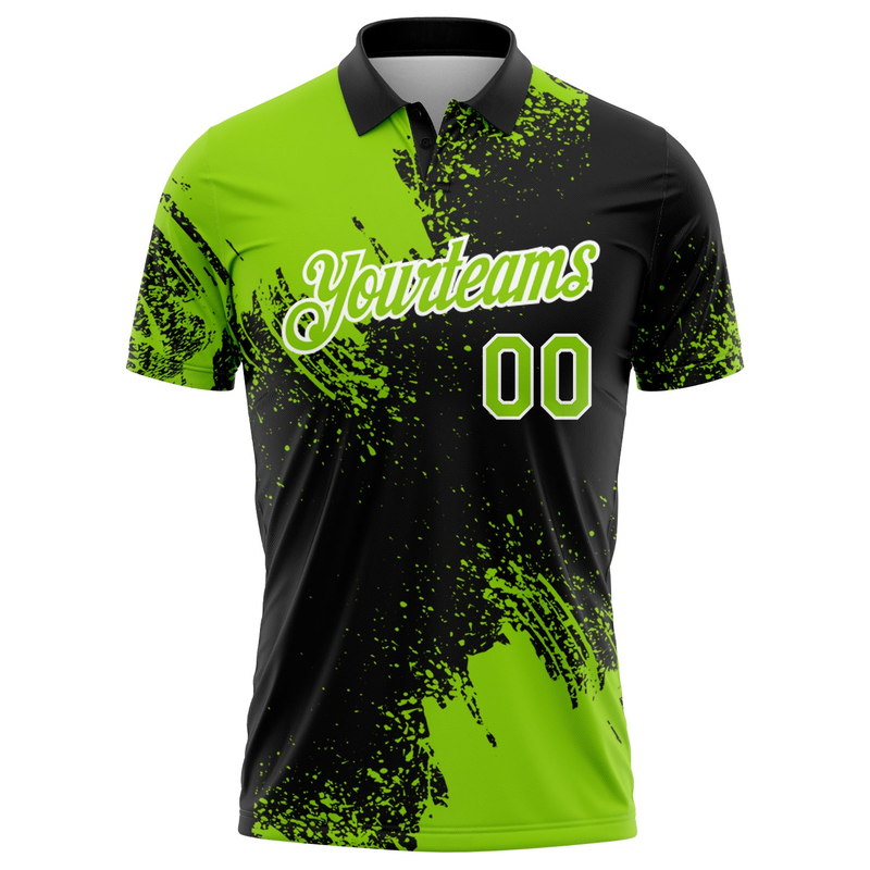Custom Neon Green Black-White 3D Pattern Design Abstract Brush Stroke Performance Polo Shirt