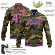 Custom Camo Pink Black-Light Blue Bomber Full-Snap Varsity Letterman Salute To Service Jacket
