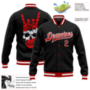 Custom Black Red-White Skull Fashion 3D Bomber Full-Snap Varsity Letterman Jacket