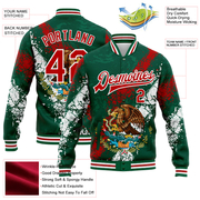 Custom Kelly Green Red-White Mexico 3D Bomber Full-Snap Varsity Letterman Jacket