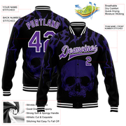 Custom Black Purple-White Skull Fashion 3D Bomber Full-Snap Varsity Letterman Jacket