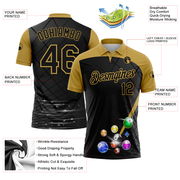 Custom Black Old Gold 3D Pattern Design Billiards Performance Polo Shirt