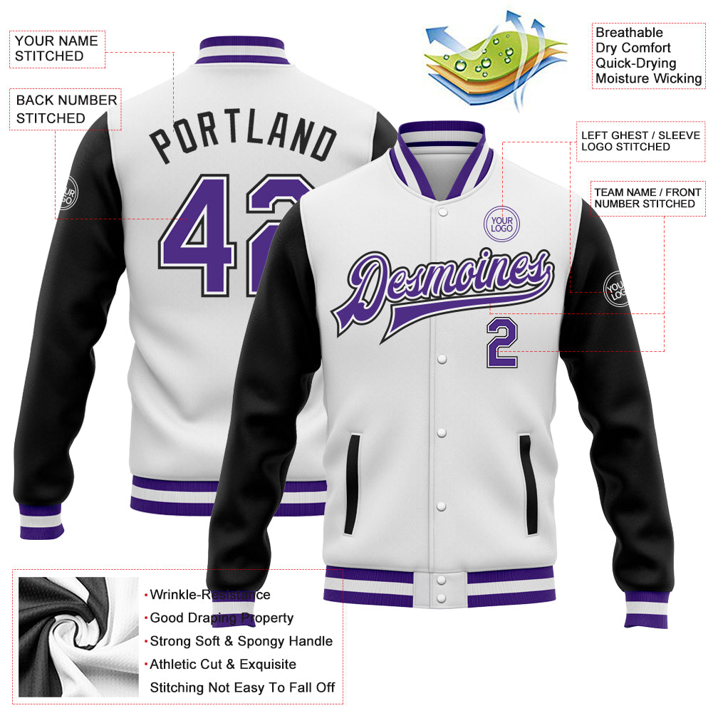Custom White Purple-Black Bomber Full-Snap Varsity Letterman Two Tone Jacket