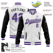 Custom White Purple-Black Bomber Full-Snap Varsity Letterman Two Tone Jacket