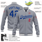 Custom Gray Royal-Red Bomber Full-Snap Varsity Letterman Jacket