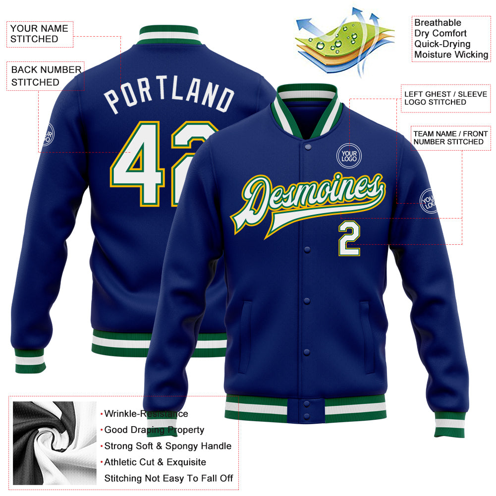 Custom Royal White Kelly Green-Gold Bomber Full-Snap Varsity Letterman Jacket