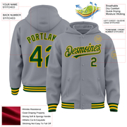 Custom Gray Green-Gold Bomber Full-Snap Varsity Letterman Hoodie Jacket