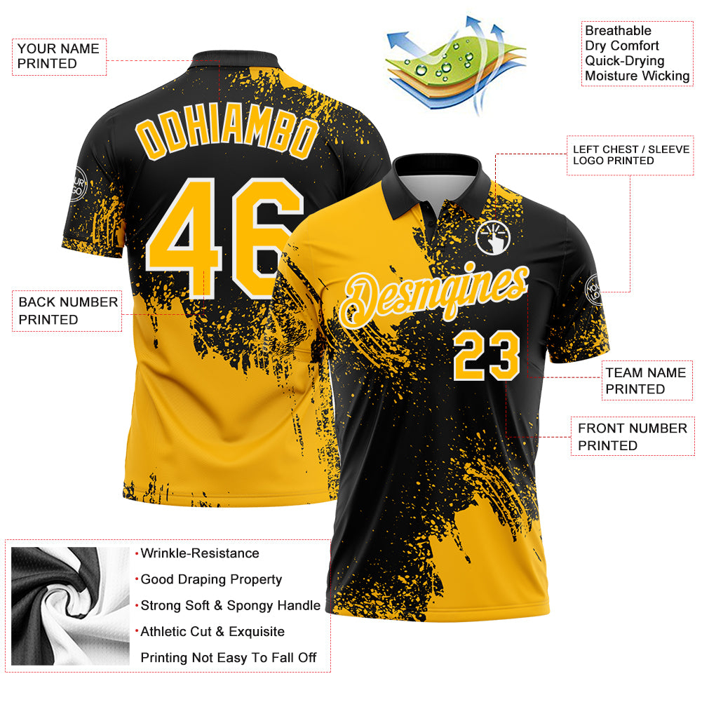 Custom Gold Black-White 3D Pattern Design Abstract Brush Stroke Performance Polo Shirt