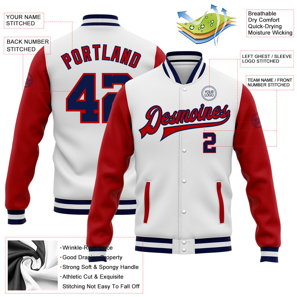 Custom White Navy-Red Bomber Full-Snap Varsity Letterman Two Tone Jacket