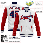 Custom White Navy-Red Bomber Full-Snap Varsity Letterman Two Tone Jacket