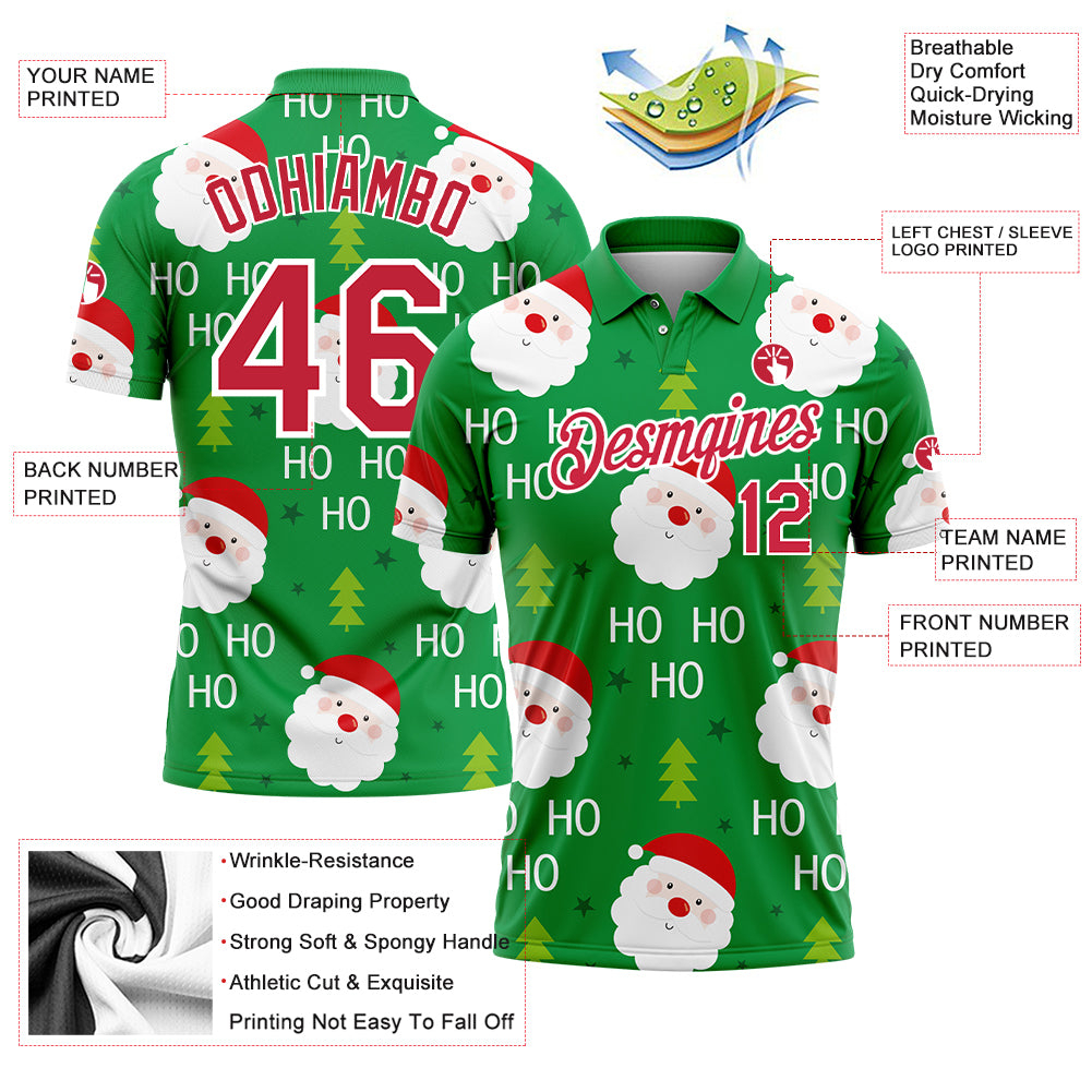 Custom Kelly Green Red-White 3D Christmas Santa Claus Performance Golf Polo Shirt