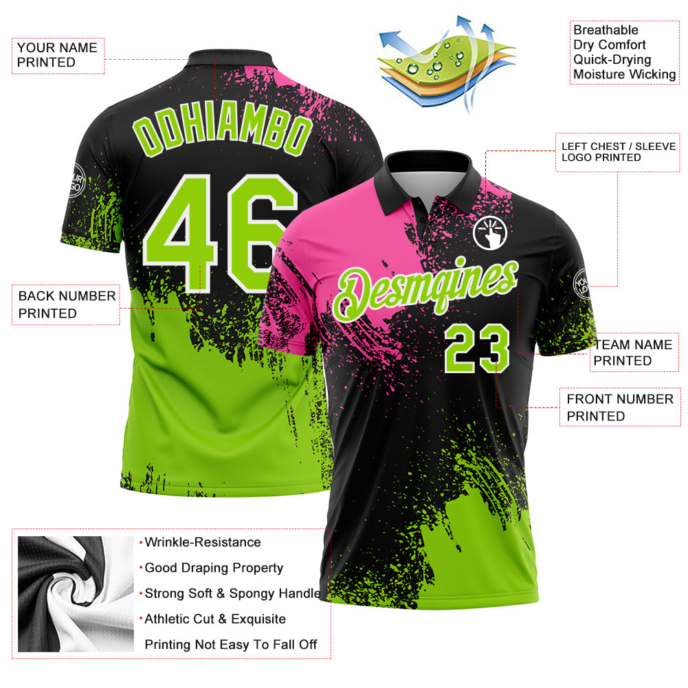 Custom Pink Neon Green-Black 3D Pattern Design Abstract Brush Stroke Performance Polo Shirt