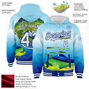 Custom Lakes Blue White-Royal Mahimah Fish Fishing 3D Bomber Full-Snap Varsity Letterman Hoodie Jacket