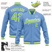 Custom Light Blue Neon Green-White Bomber Full-Snap Varsity Letterman Jacket