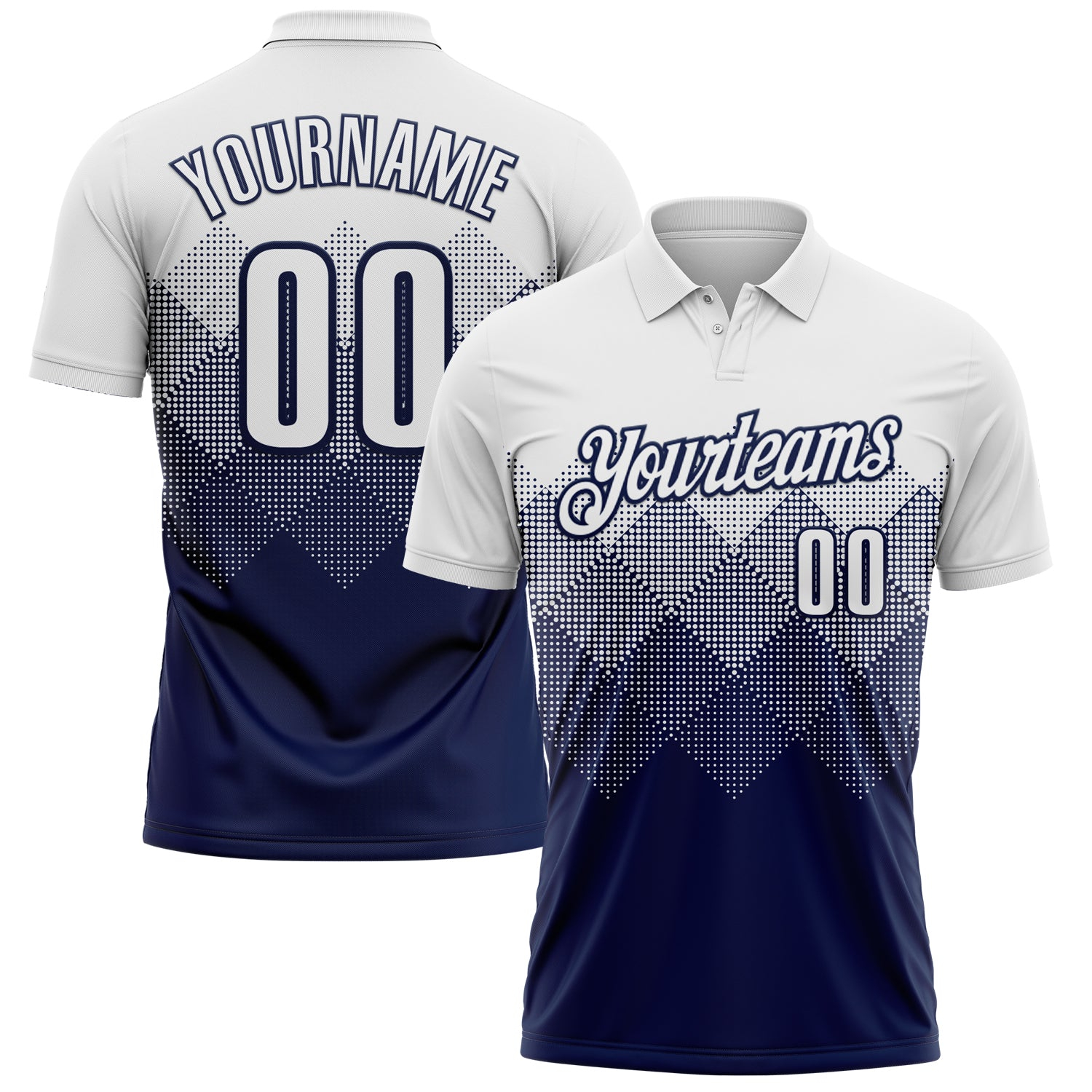 Custom White Navy 3D Pattern Design Gradient Square Shape Performance Polo Shirt
