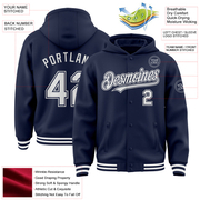 Custom Navy White Bomber Full-Snap Varsity Letterman Hoodie Jacket