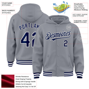 Custom Gray Navy-White Bomber Full-Snap Varsity Letterman Hoodie Jacket