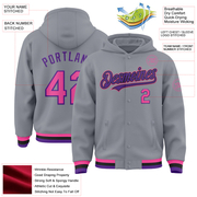 Custom Gray Pink Purple-Black Bomber Full-Snap Varsity Letterman Hoodie Jacket