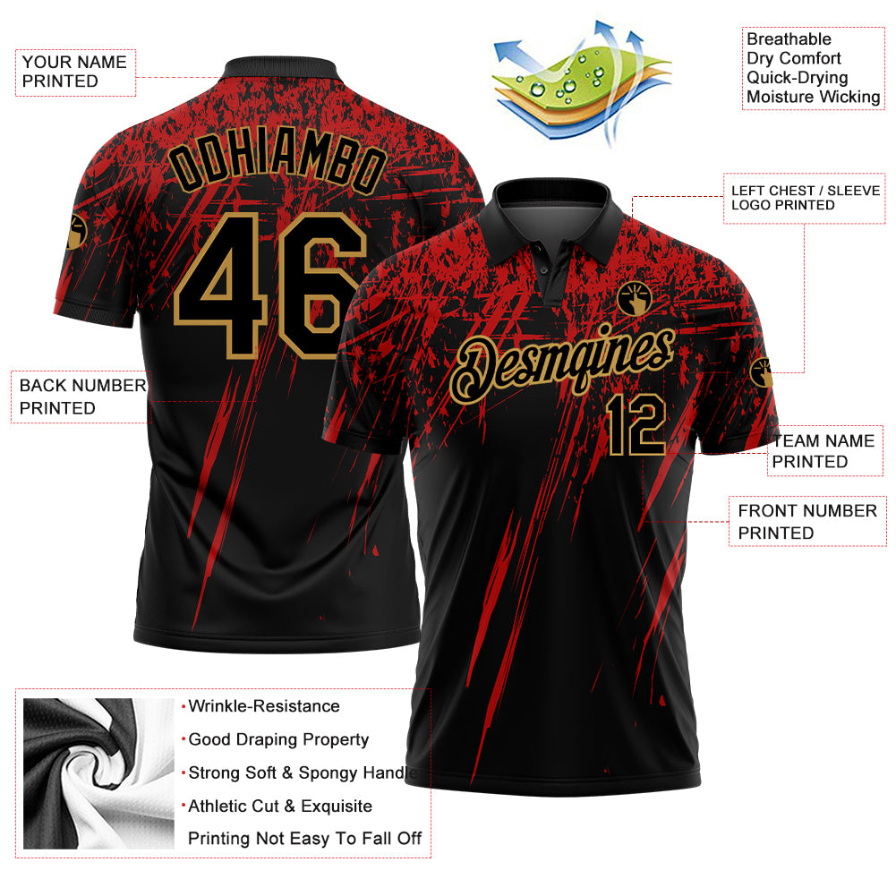 Custom Black Old Gold-Red 3D Pattern Design Sharp Shape Performance Golf Polo Shirt