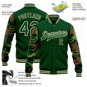 Custom Green Cream Dinosaur Camo Sleeves 3D Pattern Design Bomber Full-Snap Varsity Letterman Jacket