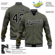 Custom Olive Black-Gray Animal Camo Sleeves 3D Pattern Design Bomber Full-Snap Varsity Letterman Salute To Service Jacket