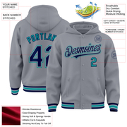 Custom Gray Navy-Teal Bomber Full-Snap Varsity Letterman Hoodie Jacket
