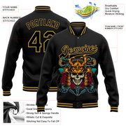 Custom Black Old Gold Skull Fashion 3D Bomber Full-Snap Varsity Letterman Jacket